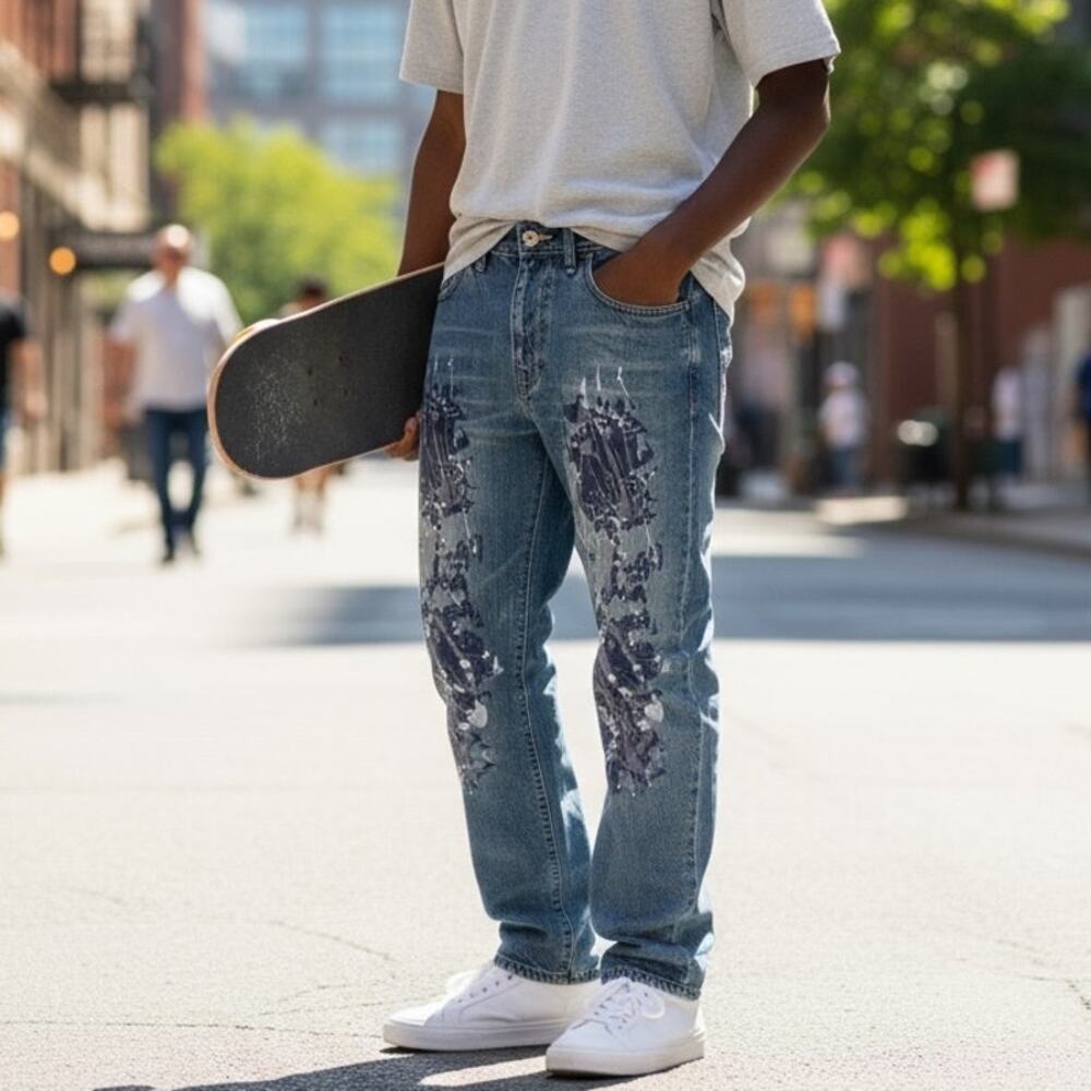 Akademiks Paint Splatter Jeans Mens Size 32 Relaxed Fit Medium Wash Casual